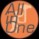 Ein orangefarbenes Logo mit der Aufschrift "All in One" und einer Silhouette mit Messschieber.