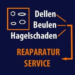 Dellen-, Beulen-, Hagelschaden-Reparaturservice-Logo auf dunkelblauem Hintergrund.