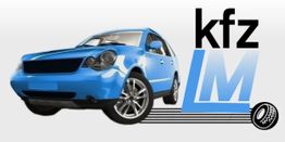 Blaues Auto mit dem Schriftzug "kfz LM" daneben und einem Reifen-Symbol.