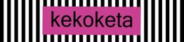Texto "kekoketa" sobre fondo rosa, rodeado de rayas verticales blancas y negras.