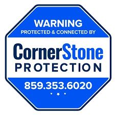 Warning sign for Cornerstone Protection with contact number 859-353-6020.