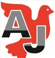 Rødt fuglelogo med store bogstaver "AJ" i grå og sort.
