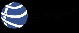 Logotipo con esfera azul y líneas blancas, y la palabra "RETO" en negro. Fondo negro.