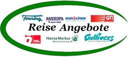 Logos von Reiseanbietern im ovalen Rahmen mit dem Text "Reise Angebote" in der Mitte.