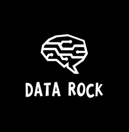 Silueta de un cerebro con circuitos. Texto debajo: "DATA ROCK". Fondo negro.