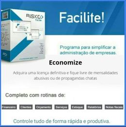 Caixa de software "Risko" para administração de empresas, destacando economia e funcionalidades.