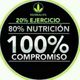 Círculo negro con texto: 20% ejercicio, 80% nutrición, 100% compromiso. Logo de Herbalife arriba.