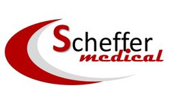Logo von Scheffer Medical in Rot, Schwarz und Grau mit geschwungenem Halbkreis.