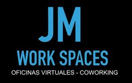 Texto en mayúsculas: "JM WORK SPACES, OFICINAS VIRTUALES - COWORKING" en fondo negro.