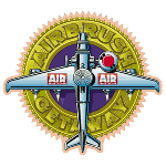 Flugzeug-Logo mit Schriftzug "Airbrush Getaway" und gelbem Ring im Hintergrund.