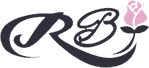 Texto decorativo "RB" con una rosa rosa a la derecha.