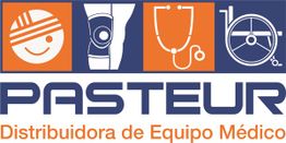 Logotipo de Pasteur: equipo médico con iconos de curitas, rodilla, estetoscopio y silla de ruedas.
