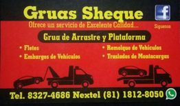 Tarjeta de Gruas Sheque, servicios de grúas y transporte de vehículos, con contactos y redes.