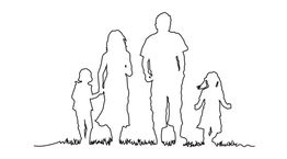 Boceto lineal de una familia caminando: dos adultos con dos niños, todos de pie sobre césped.