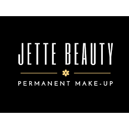 JETTE BEAUTY Permanent Make-up, weißer Text auf schwarzem Hintergrund mit goldener Blume.