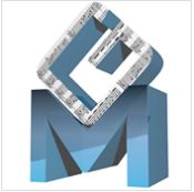 Logotipo abstracto en 3D con letras "G" y "M" entrelazadas en tonos azules y plateados.