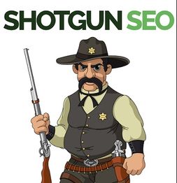 Cartoon sheriff with a shotgun, text "SHOTGUN SEO" above in bold letters.