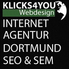 Weiße Schrift auf schwarzem Hintergrund: "KLICKS4YOU Webdesign, Internet Agentur Dortmund, SEO & SEM".
