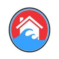 House with waves in a red and blue circle, suggesting flood or water safety.