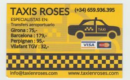 Tarjeta de Taxis Roses con contacto, servicios y precios de traslados a ciudades como Girona y Barcelona.