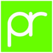 Groene achtergrond met witte letters "pr" in een modern lettertype.