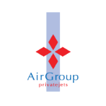 Logo mit rotem Kreuz und Text "AirGroup privatejets" auf blauem Balken.