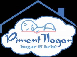 Logotipo de "Piment Hogar": bebé dormido en nube, texto "hogar & bebé" y silueta de casa.