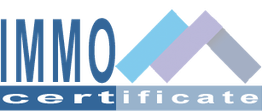 Logo mit Text "IMMO certificate", daneben zwei Dreiecke in Blau- und Lilatönen.
