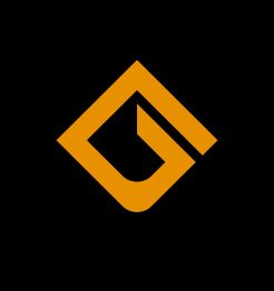 Logo geométrico naranja sobre fondo negro.
