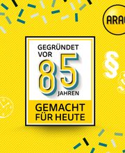 Gelber Hintergrund mit "Gegründet vor 85 Jahren. Gemacht für heute." ARAG-Logo oben rechts.