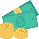 Stacks of coins and dollar bills symbolizing wealth or finances.