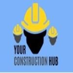 Yellow hard hats and "Your Construction Hub" text on a blue background.