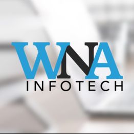 WNA Infotech logo with blue letters and a blurred background.