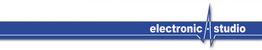 Blauer Balken mit weißer Schrift: "electronic studio" und stilisierter Frequenzlinie.