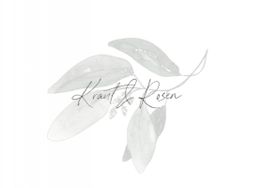 Transparente Blätter mit Schriftzug "Kraut & Rosen" in eleganter, handgeschriebener Schrift.