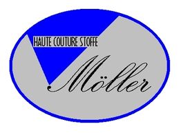Ovales Logo mit blau-grauen Flächen, Text: "Haute Couture Stoffe Möller".