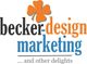 Logo mit "becker-design marketing", einem Kleeblatt und dem Text "... and other delights".
