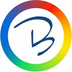 Buntes Kreis-Logo mit einem blauen "B" in der Mitte.