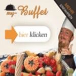 Koch mit Obstteller und Text "my Buffet, hier klicken" in einem Werbebanner.