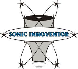 Logo mit dem Text "SONIC INNOVENTOR" in Blau, umgeben von schwarzen Sternen.