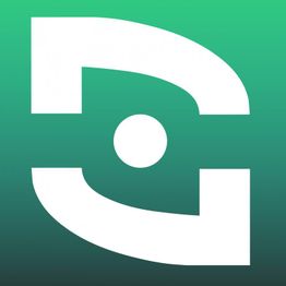 Weißes, stilisiertes "D" und "G" auf grünem Hintergrund, mit einem Punkt in der Mitte.
