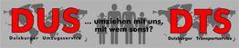 Banner mit DUS und DTS Logos, Text: "umziehen mit uns, mit wem sonst?", Weltkarten-Hintergrund.