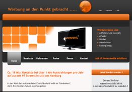 Website mit orange-grauem Design, zeigt Informationen über Werbescreens und Standortinformationen.