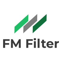 Logo mit drei diagonalen Streifen in Grün und Grau, darunter Text "FM Filter".