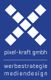 Logo mit weißem "X" auf blauem Hintergrund, Text: pixel-kraft GmbH, Werbestrategie, Mediendesign.