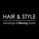 Schwarzer Hintergrund mit weißem Text: "Hair & Style, Hairdesign & Waxing Studio".