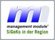 Logo mit großem "m", Text "management module" und "SiGeKo in der Region" in Grün.