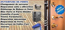 Texte sur services de serrurerie et images de portes et serrures, mention "Devis gratuit".