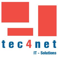 Rotes Logo mit Schriftzug "tec4net IT-Solutions" in Blau.