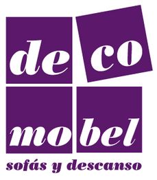 Logotipo morado de "decomobel" con el texto "sofás y descanso" abajo.